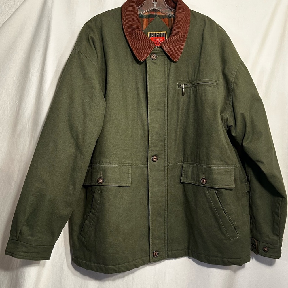MENS XL GREEN CANVAS JACKET W/BROWN CORDUROY TRIM FLANNEL & QUILTED LINING